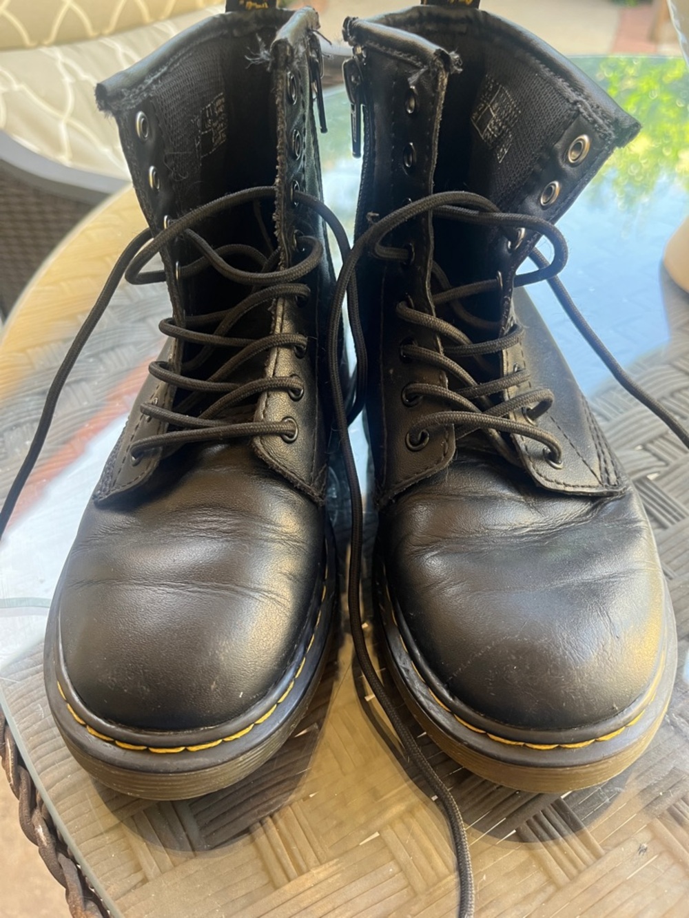 Dr. Martens Kids Black Leather Boots with Yellow Stitching